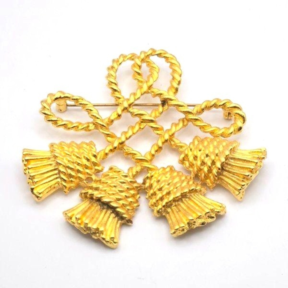Vintage Large Gold Tone Rope Four Tassels Knot Brooch‎ Pin 3"
